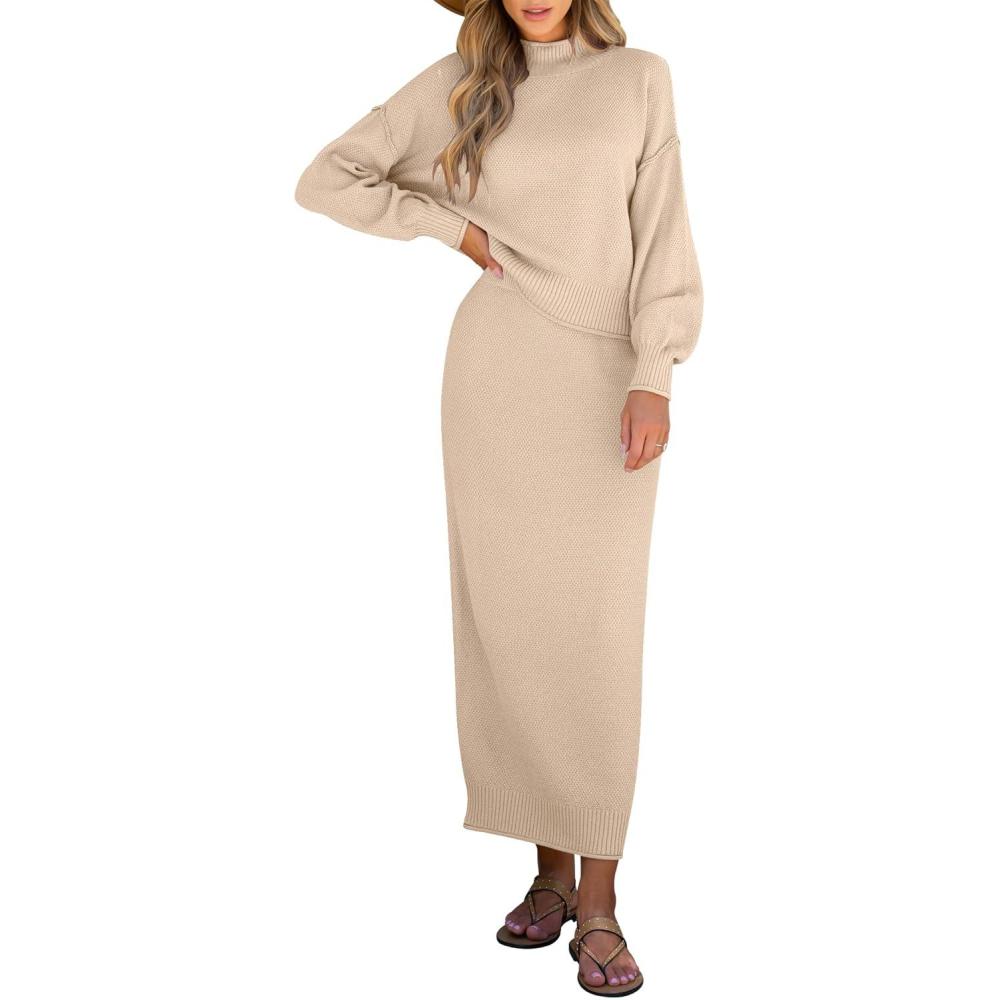 imageCaracilia 2 Piece Skirt Set for Women Sweater Dress Long Sleeve Oversized Tops Matching Maxi Skirts 2025 Fall Outfits ClothesBeige