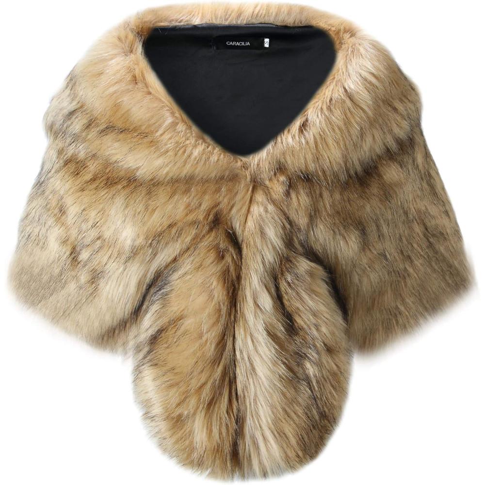 imageCaracilia Faux Fur Shawl Wrap Stole Shrug Winter Bridal Wedding Cover UpFox Brown  Black