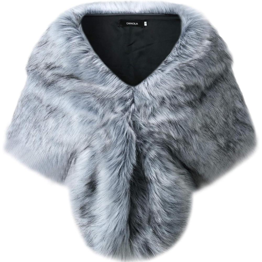 imageCaracilia Faux Fur Shawl Wrap Stole Shrug Winter Bridal Wedding Cover UpFox Grey  Black