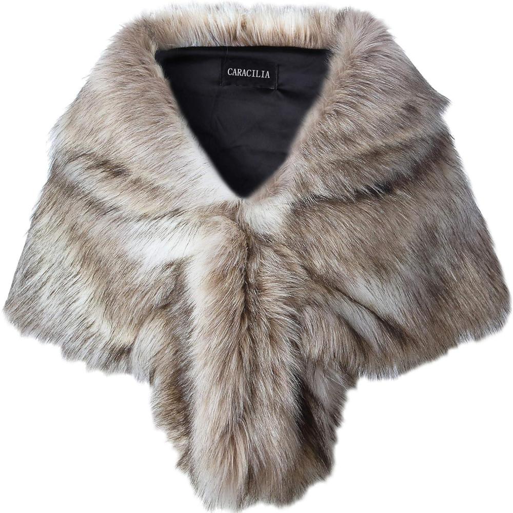 imageCaracilia Faux Fur Shawl Wrap Stole Shrug Winter Bridal Wedding Cover UpFox White  Brown