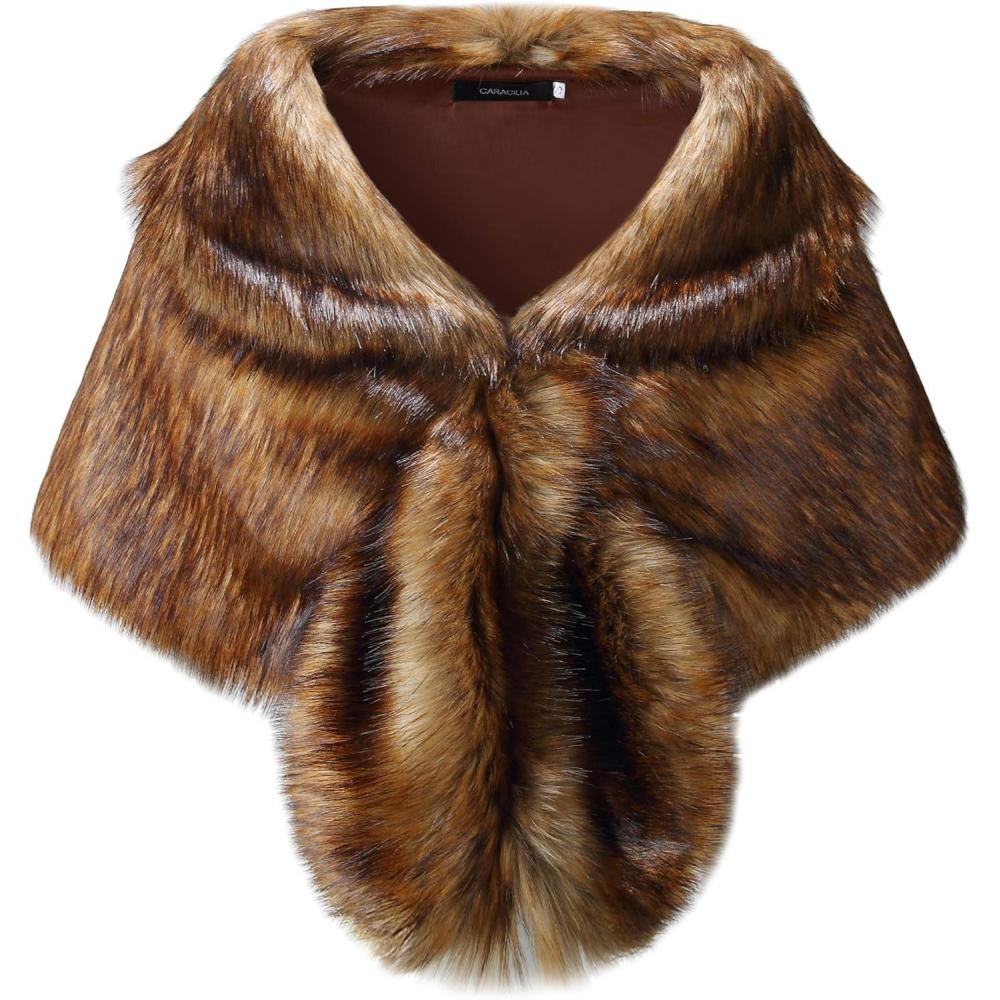 imageCaracilia Faux Fur Shawl Wrap Stole Shrug Winter Bridal Wedding Cover UpLong Raccoon Fur