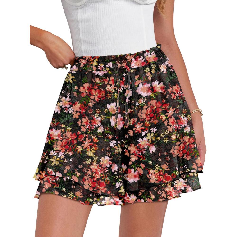 imageCaracilia Skorts for Women Boho Casual Beach Mini Skirts Summer Floral Ruffle Chiffon Flowy Shorts 2026 Trendy OutfitsBlack Orange Floral