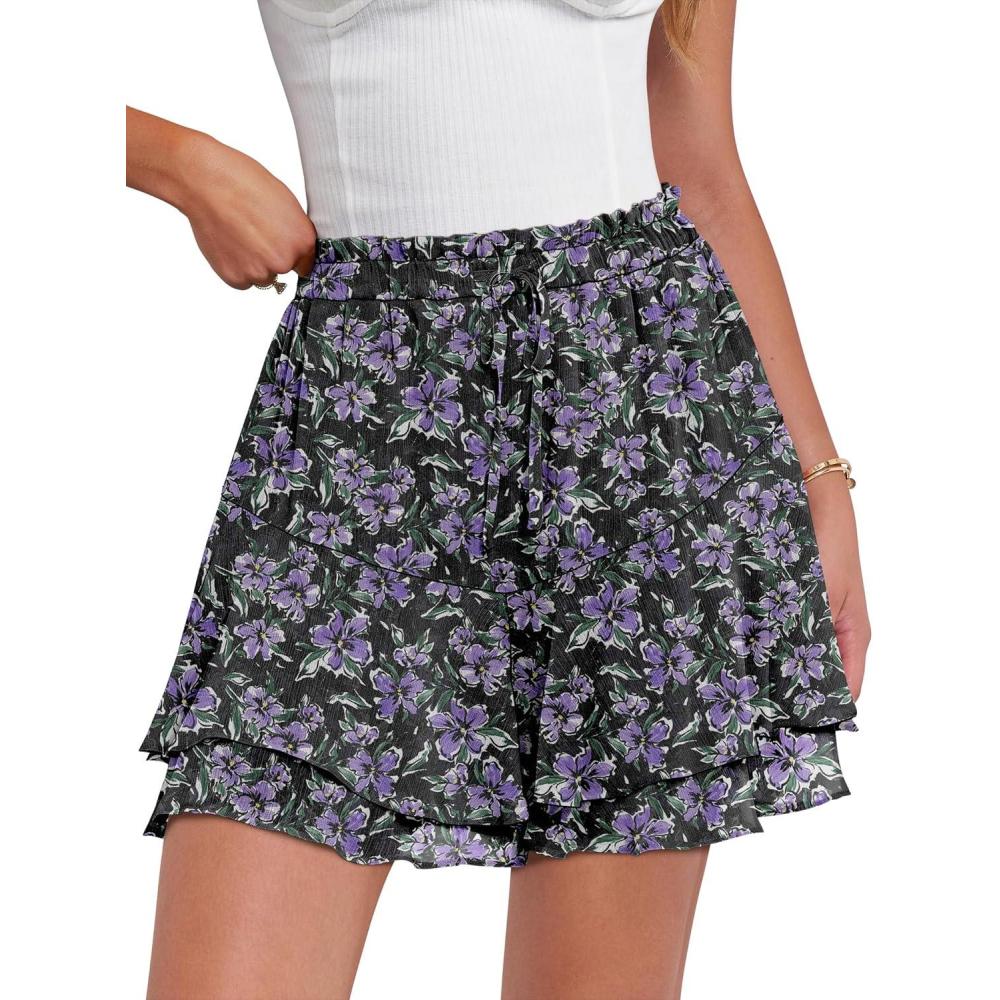 imageCaracilia Skorts for Women Boho Casual Beach Mini Skirts Summer Floral Ruffle Chiffon Flowy Shorts 2026 Trendy OutfitsBlack Purple Floral