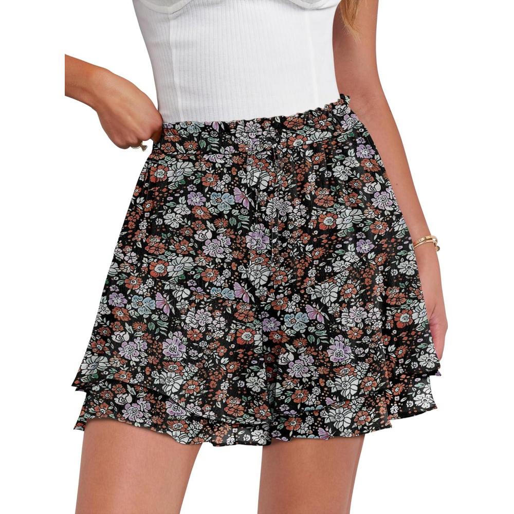imageCaracilia Skorts for Women Boho Casual Beach Mini Skirts Summer Floral Ruffle Chiffon Flowy Shorts 2026 Trendy OutfitsBrown Pink Floral