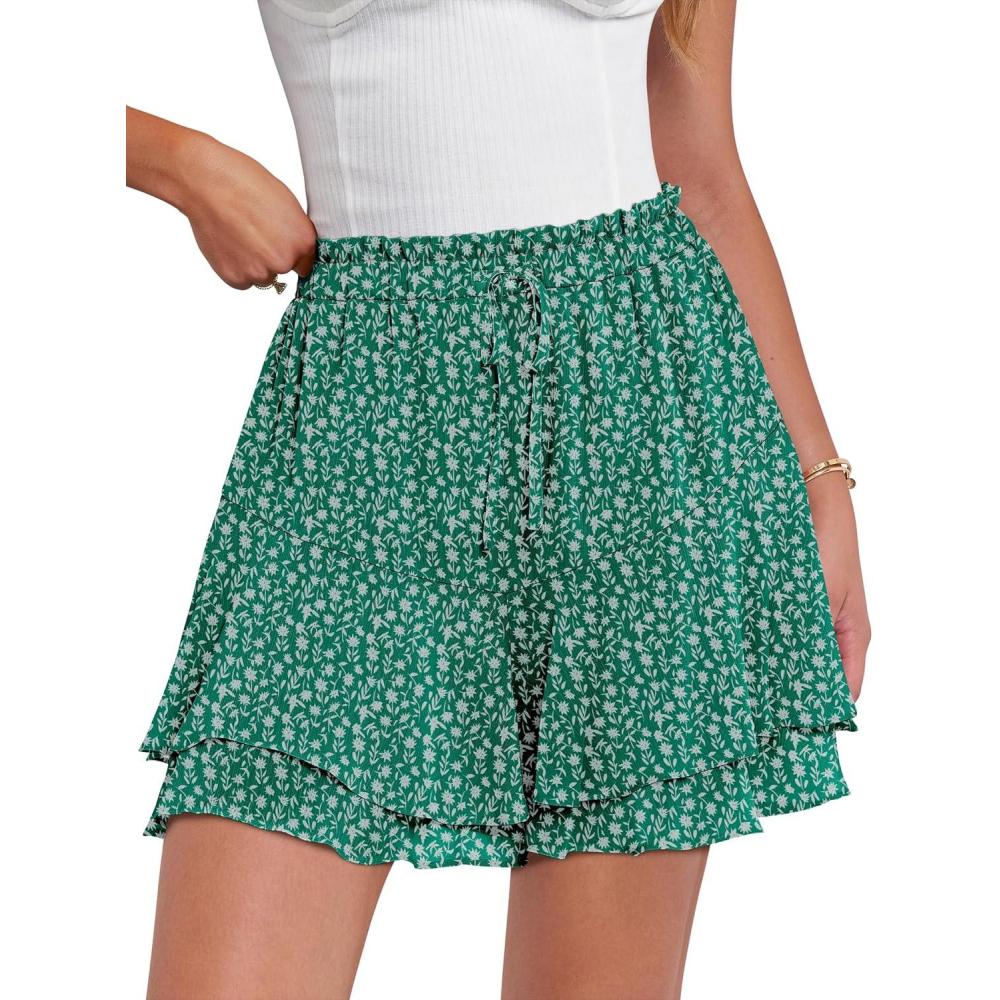imageCaracilia Skorts for Women Boho Casual Beach Mini Skirts Summer Floral Ruffle Chiffon Flowy Shorts 2026 Trendy OutfitsGreen White Floral