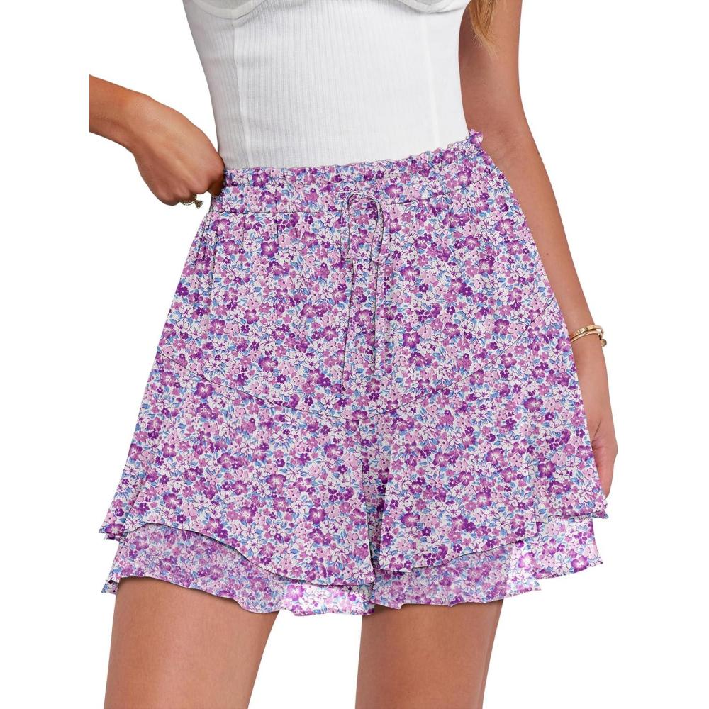 imageCaracilia Skorts for Women Boho Casual Beach Mini Skirts Summer Floral Ruffle Chiffon Flowy Shorts 2026 Trendy OutfitsPurple Floral