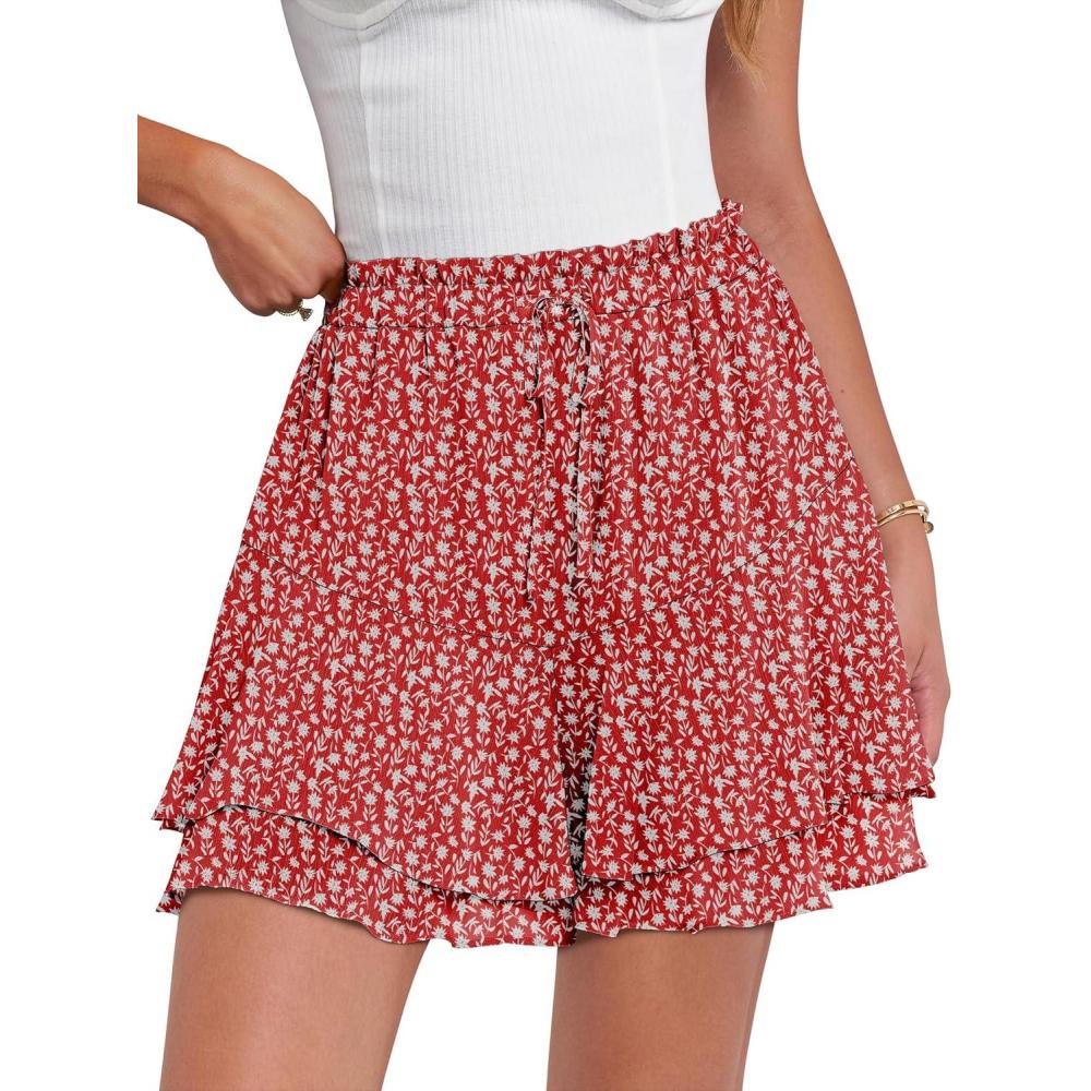 imageCaracilia Skorts for Women Boho Casual Beach Mini Skirts Summer Floral Ruffle Chiffon Flowy Shorts 2026 Trendy OutfitsRed White Floral