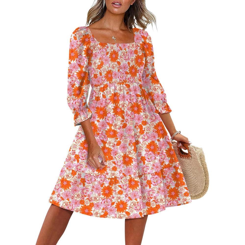 imageCaracilia Women 34 Sleeve Square Neck 2026 Summer Fall Wedding Guest Floral Smocked Casual Boho Midi DressesChrysanthemum Floral