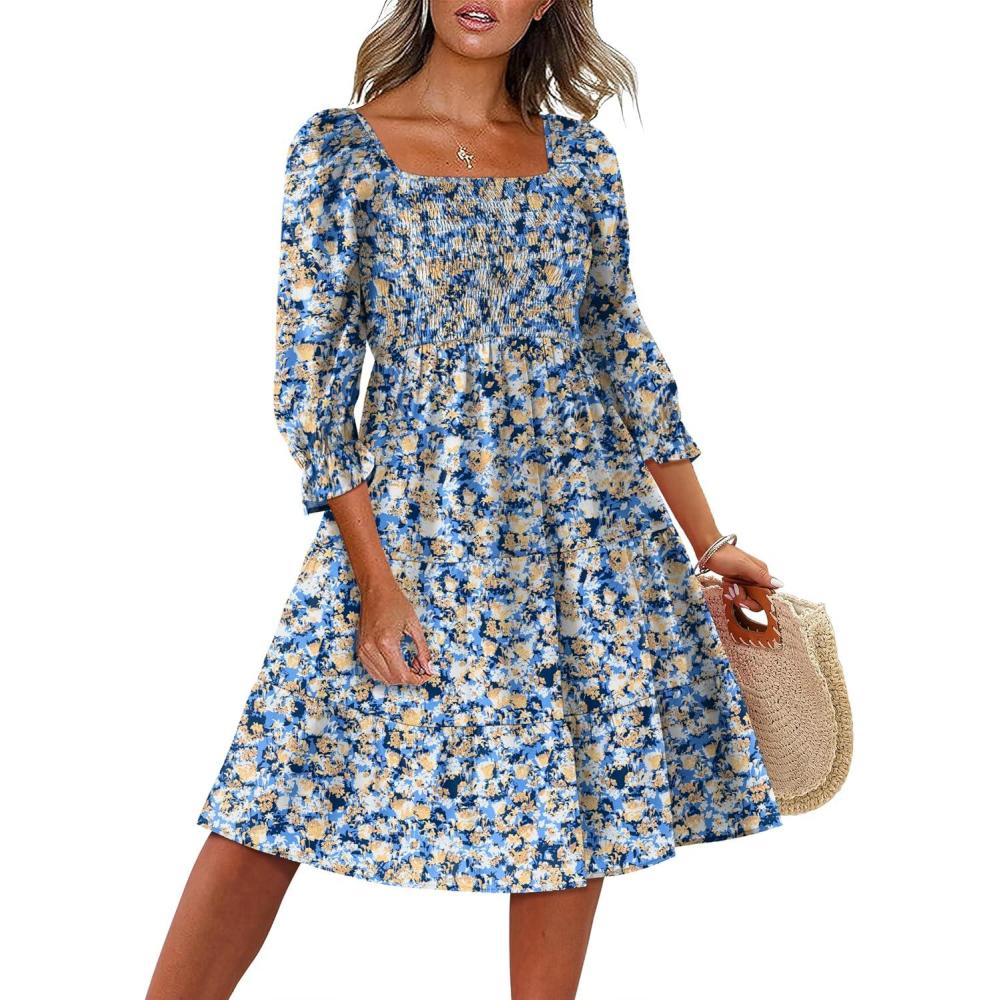 imageCaracilia Women 34 Sleeve Square Neck 2026 Summer Fall Wedding Guest Floral Smocked Casual Boho Midi DressesFloral Light Blue