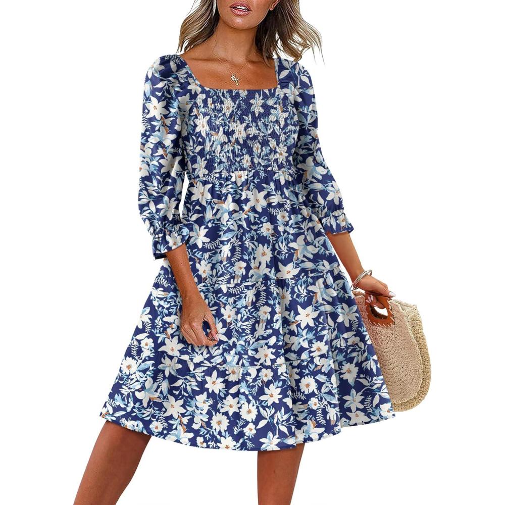 imageCaracilia Women 34 Sleeve Square Neck 2026 Summer Fall Wedding Guest Floral Smocked Casual Boho Midi DressesFloral White