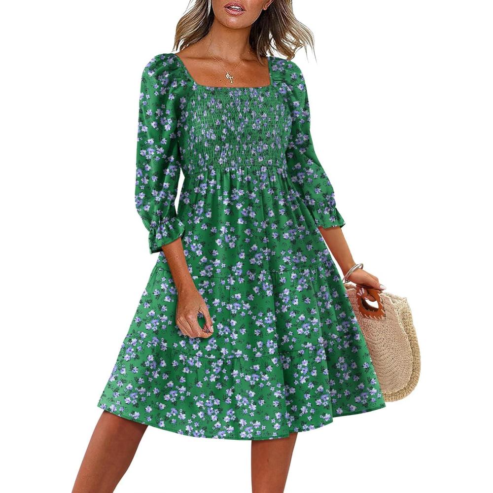 imageCaracilia Women 34 Sleeve Square Neck 2026 Summer Fall Wedding Guest Floral Smocked Casual Boho Midi DressesGreen White Purple Floral