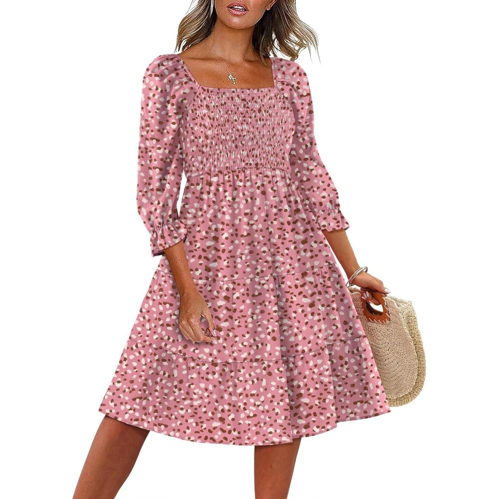 imageCaracilia Women 34 Sleeve Square Neck 2026 Summer Fall Wedding Guest Floral Smocked Casual Boho Midi DressesPink Dot Floral