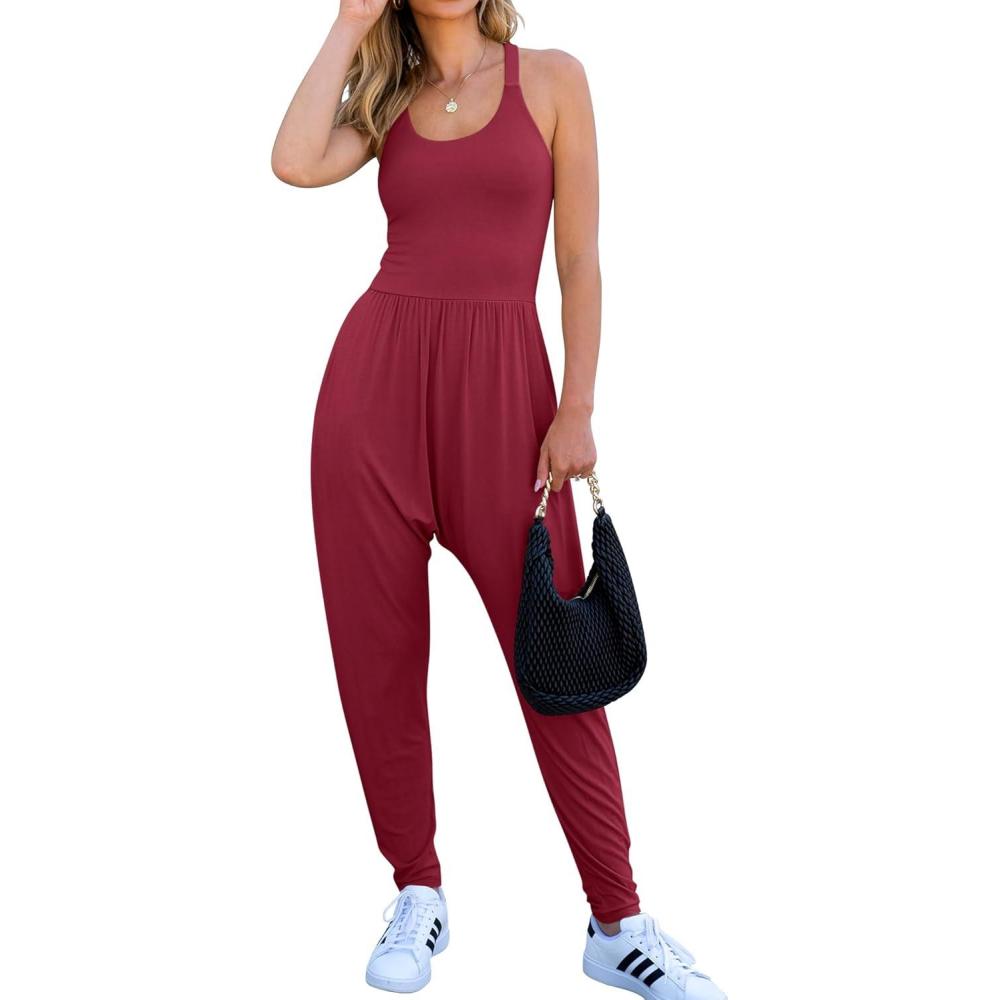 imageCaracilia Women Jumpsuits 2025 Summer Sleeveless Backless Tank Top Rompers Yoga Gym Workout Jumper One Piece OutfitsBurgundy