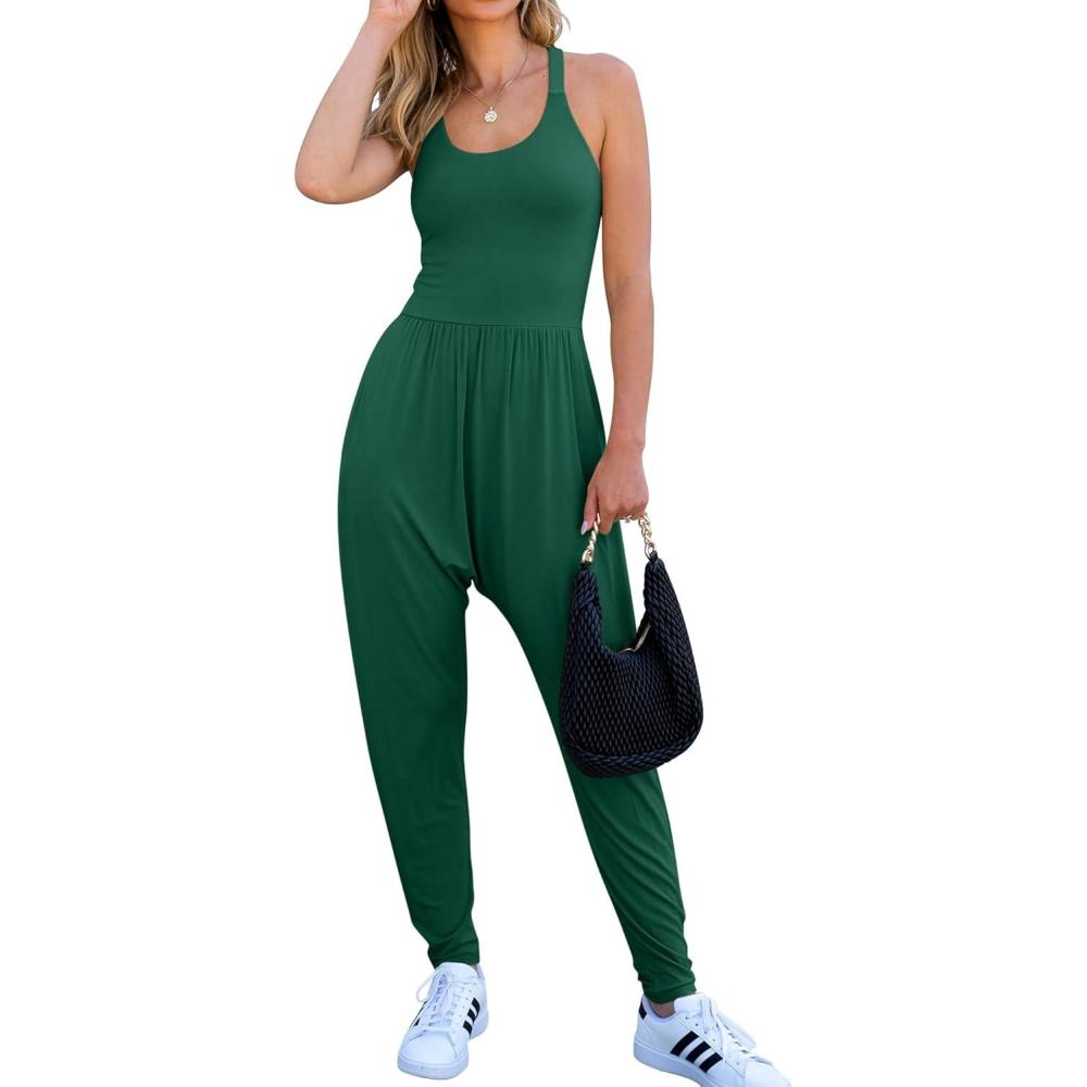 imageCaracilia Women Jumpsuits 2025 Summer Sleeveless Backless Tank Top Rompers Yoga Gym Workout Jumper One Piece OutfitsDark Green