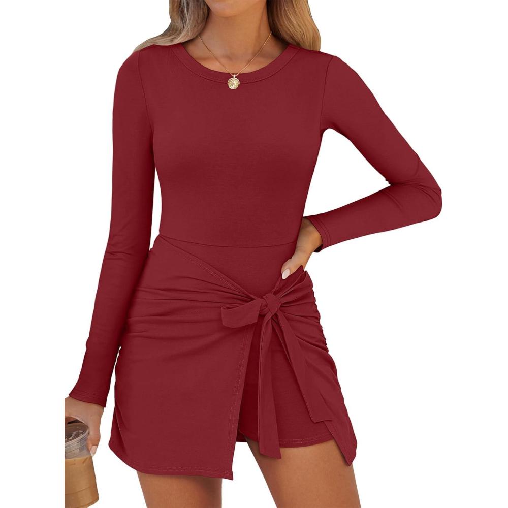 imageCaracilia Women Long Sleeve Tennis Dress 2026 Fall Bodycon Tie Waist Romper Skorts Athletic Mini Dresses Built in ShortsDark Red