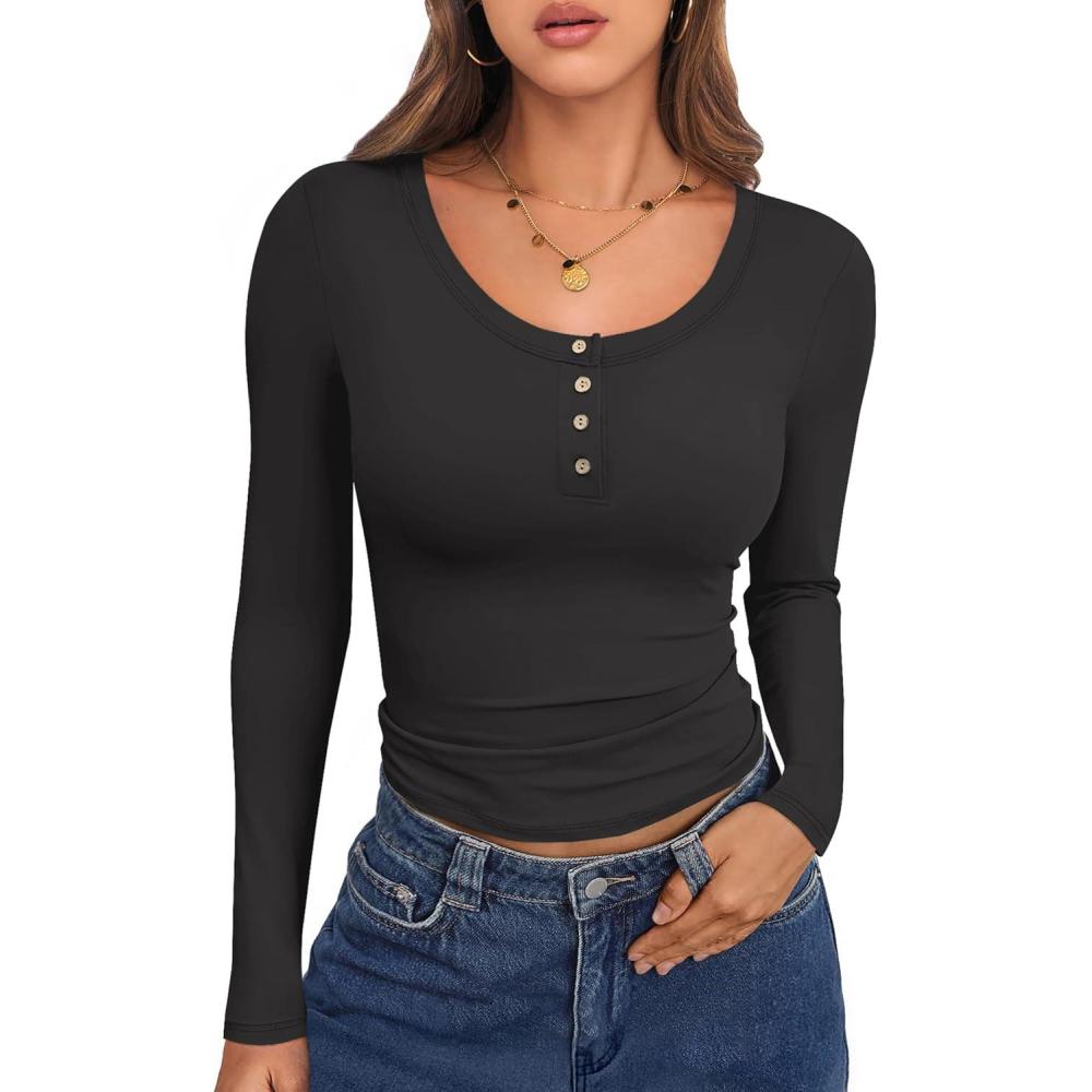 imageCaracilia Women Long Sleeve Top Henley Shirts Button Down Tight Slim Fitted 2025 Spring Casual Basic TShirts BlousesBlack