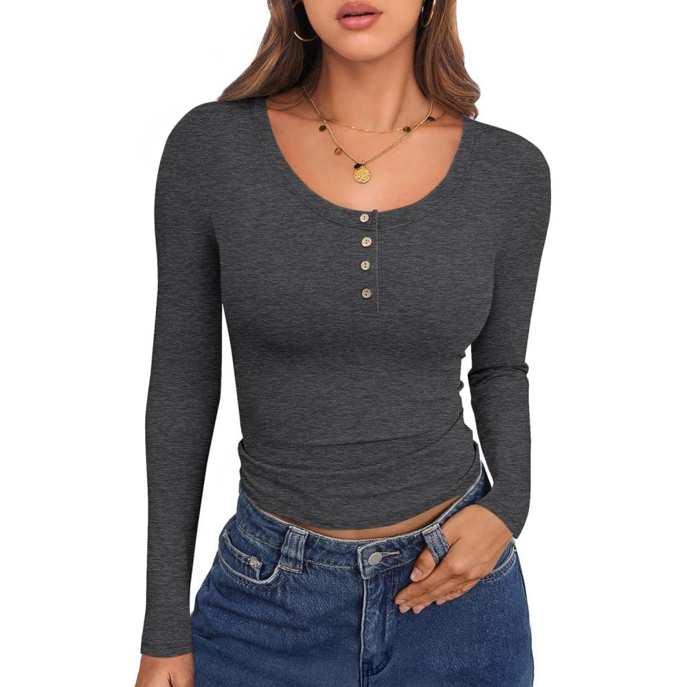 imageCaracilia Women Long Sleeve Top Henley Shirts Button Down Tight Slim Fitted 2025 Spring Casual Basic TShirts BlousesDark Gray