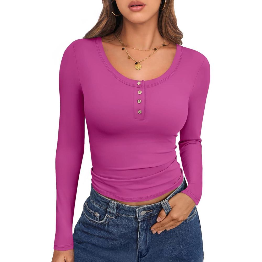 imageCaracilia Women Long Sleeve Top Henley Shirts Button Down Tight Slim Fitted 2025 Spring Casual Basic TShirts BlousesHot Pink