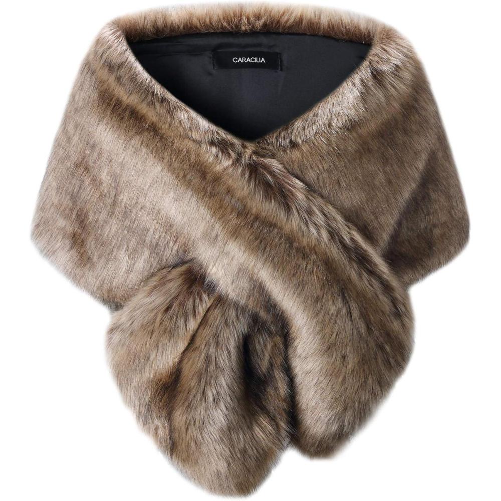 imageCaracilia Women Luxury Faux Fur Coat Jackets Wrap Cape Shawl for Wedding PartyBrown Fur