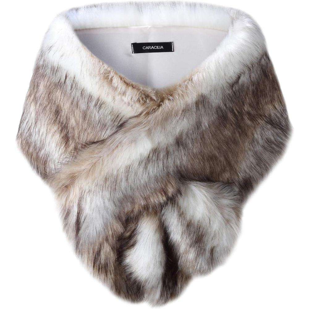 imageCaracilia Women Luxury Faux Fur Coat Jackets Wrap Cape Shawl for Wedding PartyFox White Brown