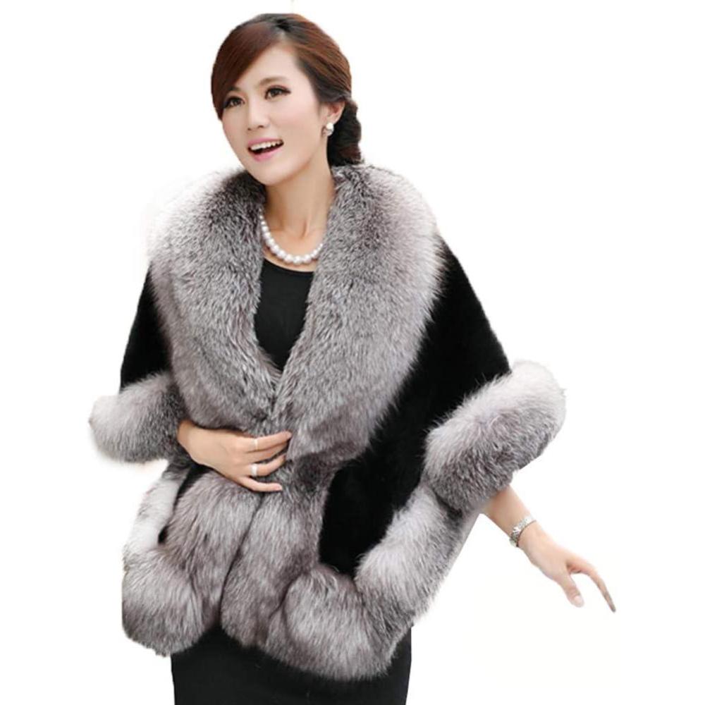 imageCaracilia Women Luxury Faux Fur Coat Jackets Wrap Cape Shawl for Wedding PartyGray Black