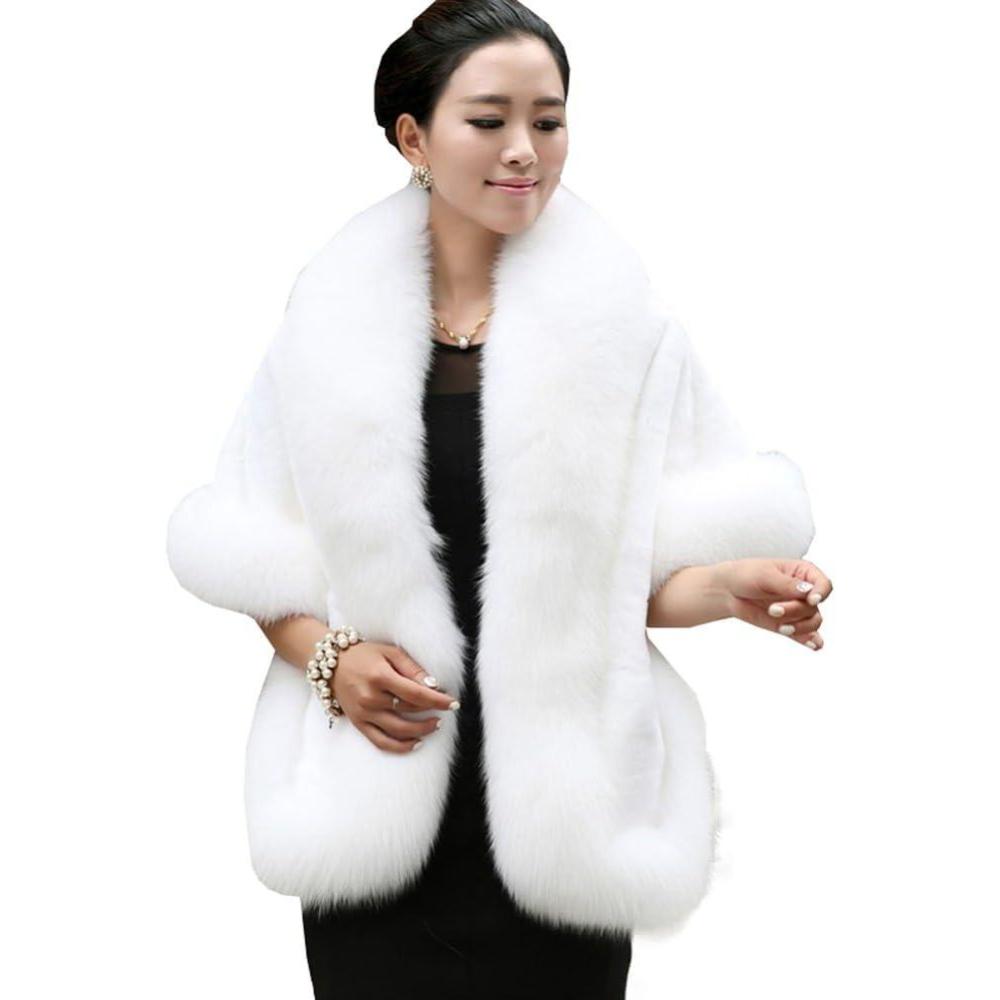 imageCaracilia Women Luxury Faux Fur Coat Jackets Wrap Cape Shawl for Wedding PartyWhite