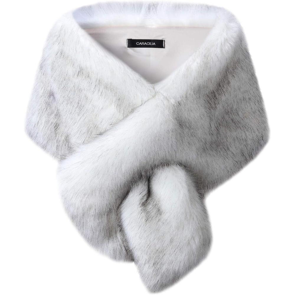 imageCaracilia Women Luxury Faux Fur Coat Jackets Wrap Cape Shawl for Wedding PartyWhite Black Tip