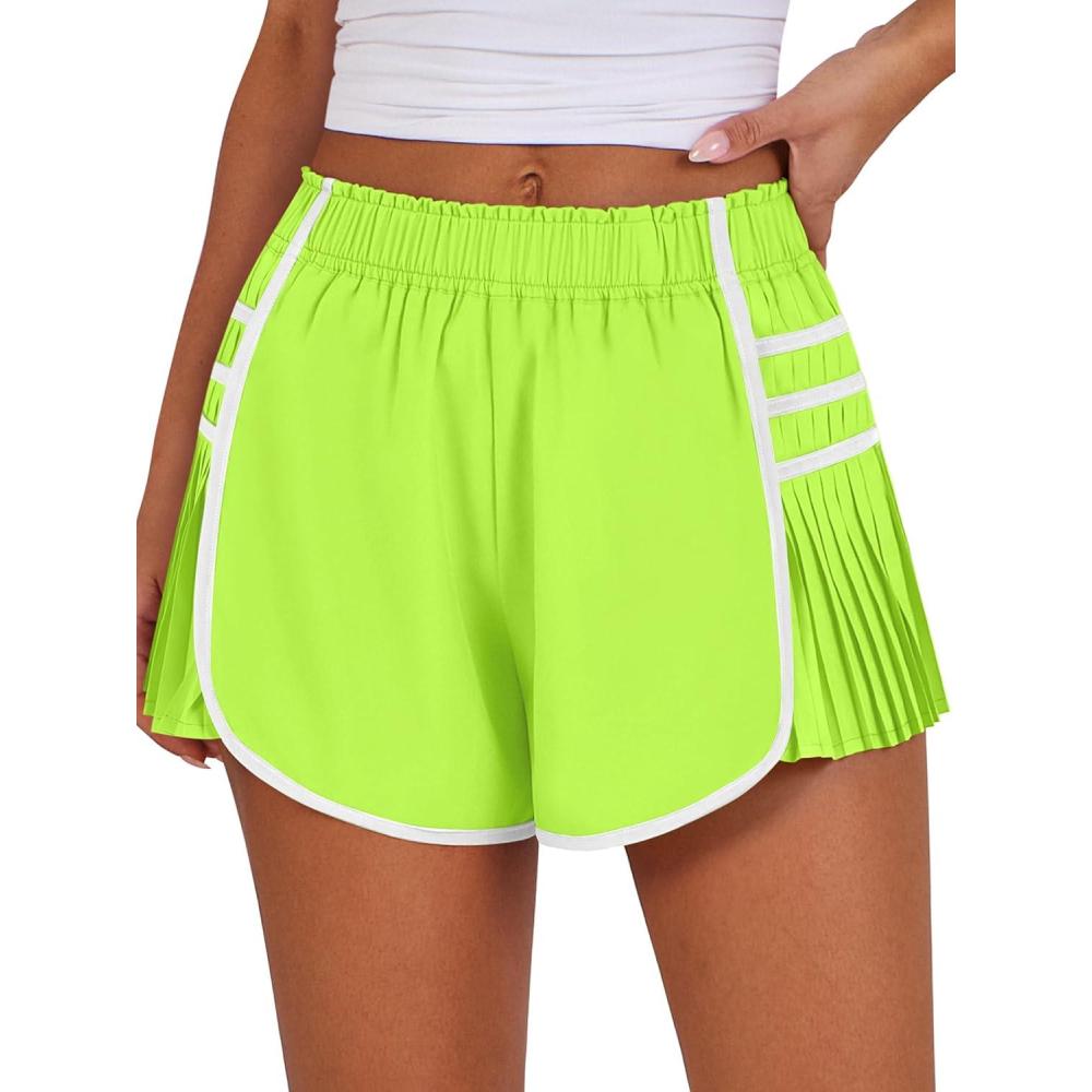 imageCaracilia Women Running Shorts Flowy Pleated Athletic Shorts Summer High Waisted Tennis Sporty Workout Gym ShortsNeon Yellow