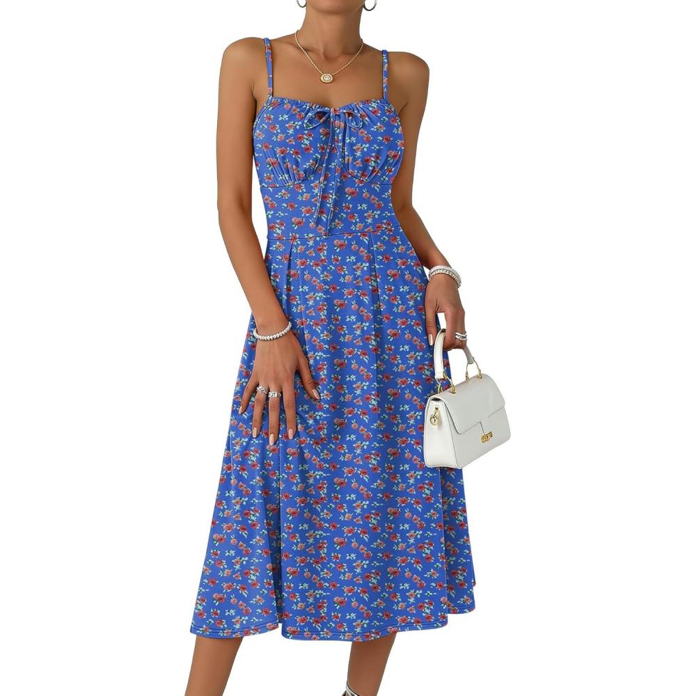 imageCaracilia Women Summer Floral Corset Midi Sundress Casual Spaghetti Strap Beach Vacation Wedding Guest Milkmaid Dress PocketsDark Blue Red Floral