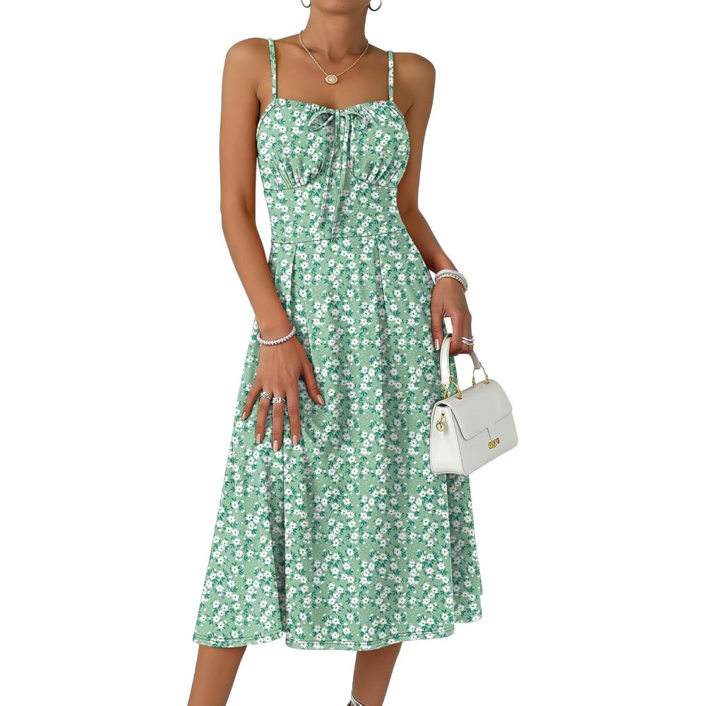 imageCaracilia Women Summer Floral Corset Midi Sundress Casual Spaghetti Strap Beach Vacation Wedding Guest Milkmaid Dress PocketsGreen White Floral