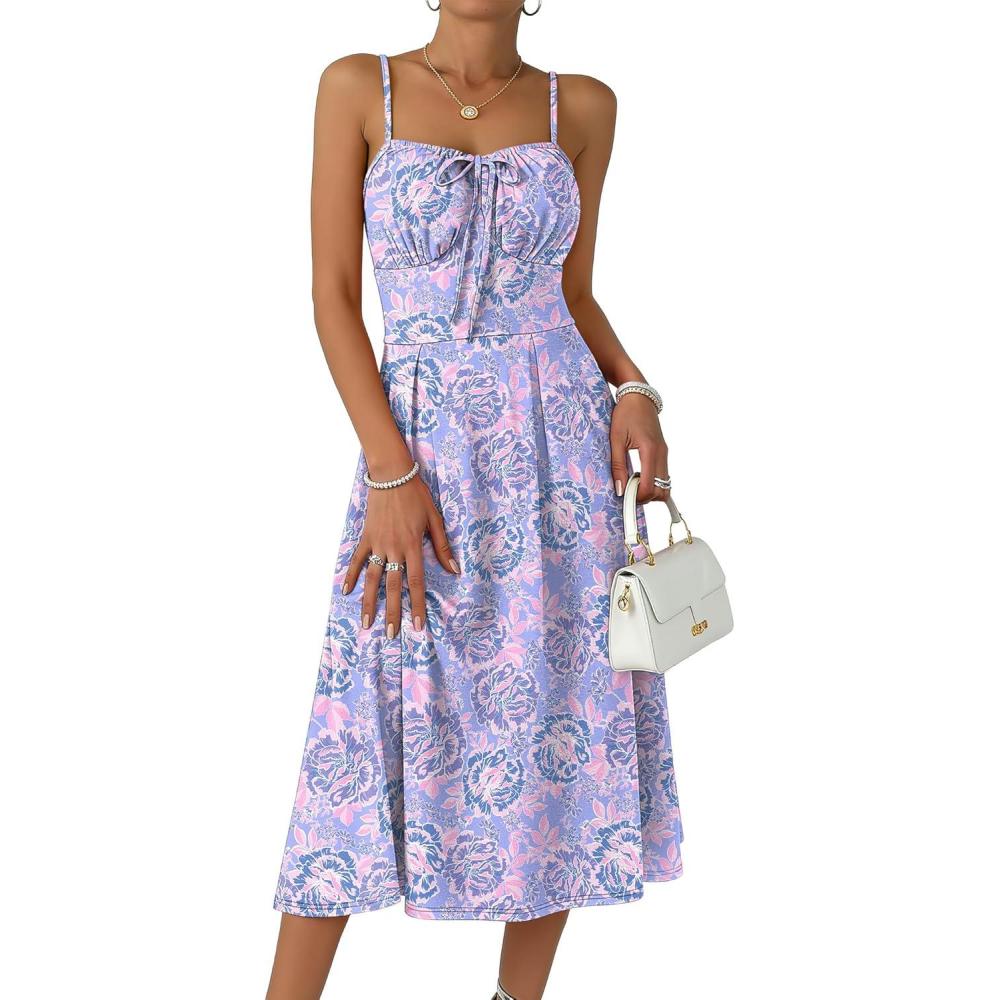 imageCaracilia Women Summer Floral Corset Midi Sundress Casual Spaghetti Strap Beach Vacation Wedding Guest Milkmaid Dress PocketsPurple Pink Floral