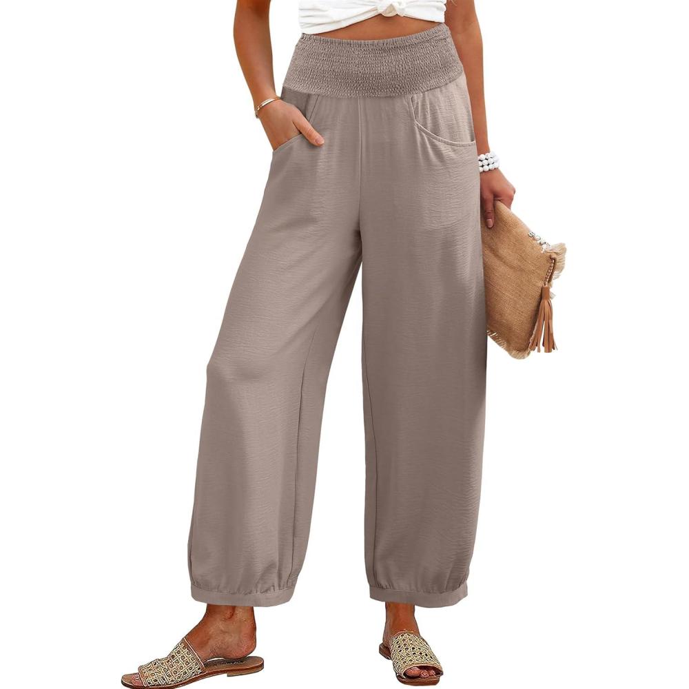 imageCaracilia Women Wide Leg Palazzo Pants 2025 Summer Casual High Waist Flowy Loose Boho Beach Vacation Lantern PantsLight Brown