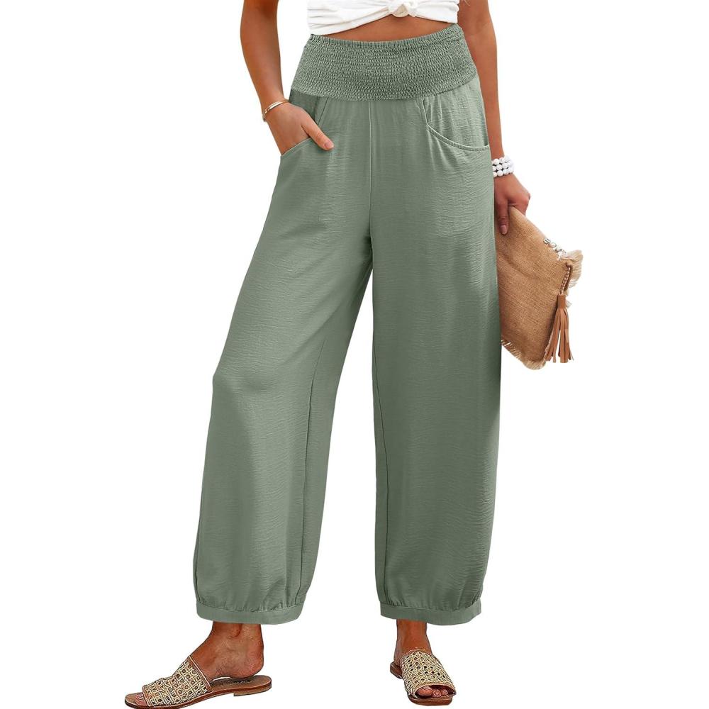 imageCaracilia Women Wide Leg Palazzo Pants 2025 Summer Casual High Waist Flowy Loose Boho Beach Vacation Lantern PantsLight Green