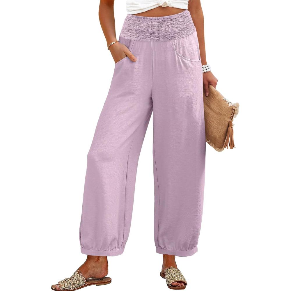 imageCaracilia Women Wide Leg Palazzo Pants 2025 Summer Casual High Waist Flowy Loose Boho Beach Vacation Lantern PantsPink