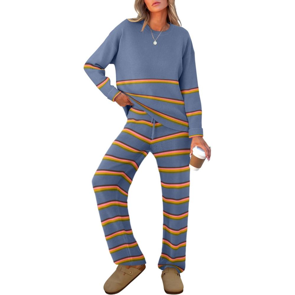 imageCaracilia Womens 2 Piece Outfits Sweater Sets Striped Oversized Sweaters Knit Wide Leg Pant Lounge Set 2025 Fall Outfits Medium