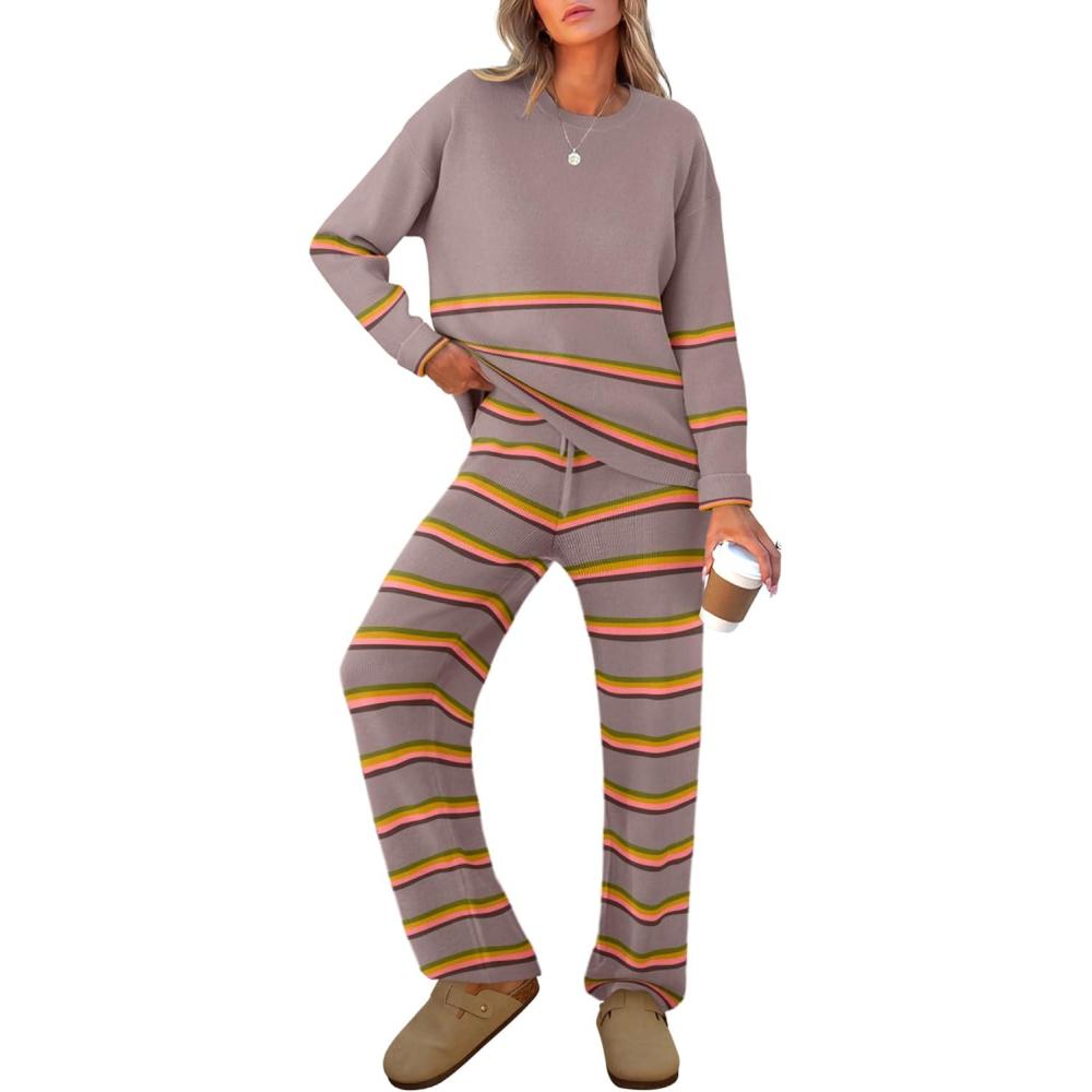 imageCaracilia Womens 2 Piece Outfits Sweater Sets Striped Oversized Sweaters Knit Wide Leg Pant Lounge Set 2025 Fall Outfits Small