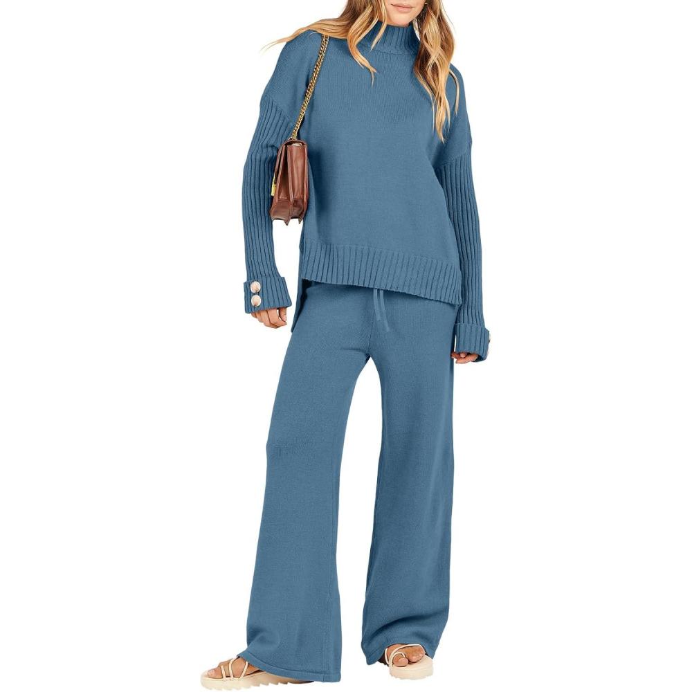 imageCaracilia Womens 2 Piece Sweater Set Knit Pullover Wide Leg Pants Lounge Matching Sets 2024 Fall Fashion Travel OutfitsBlue