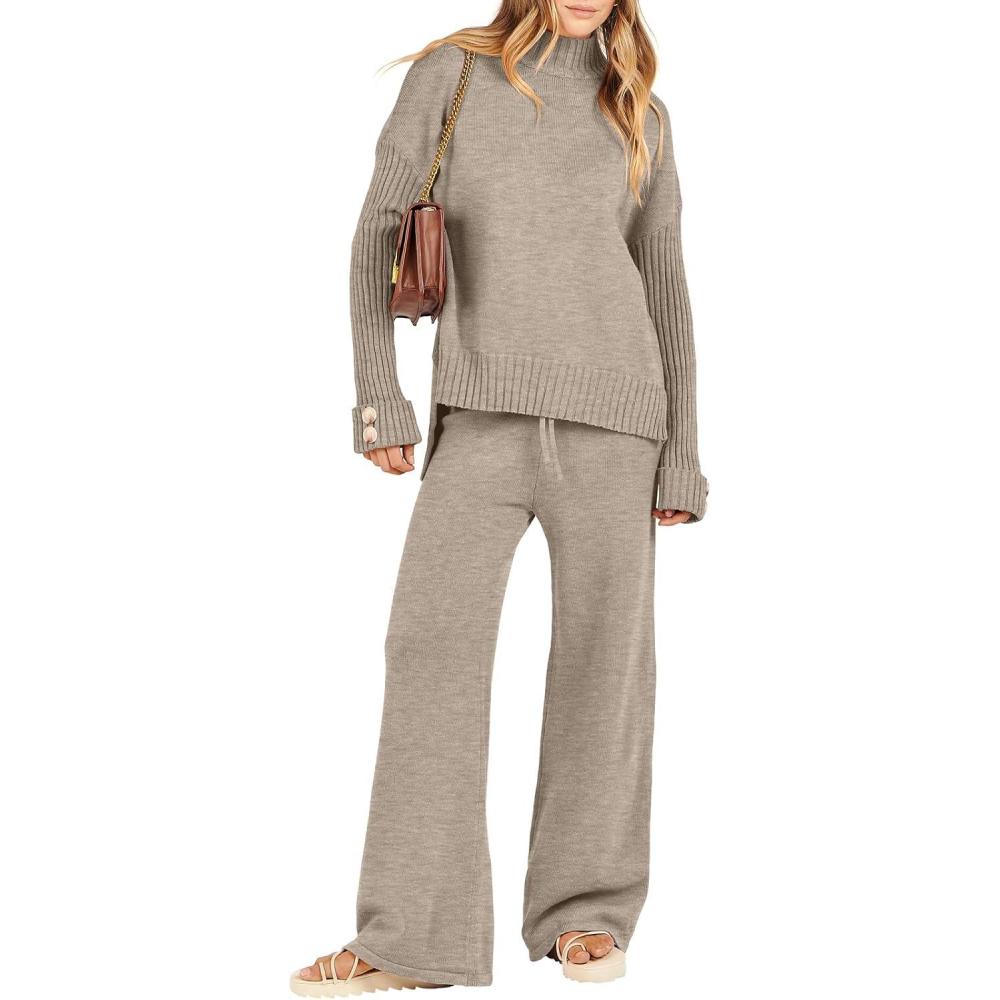 imageCaracilia Womens 2 Piece Sweater Set Knit Pullover Wide Leg Pants Lounge Matching Sets 2024 Fall Fashion Travel OutfitsCamel
