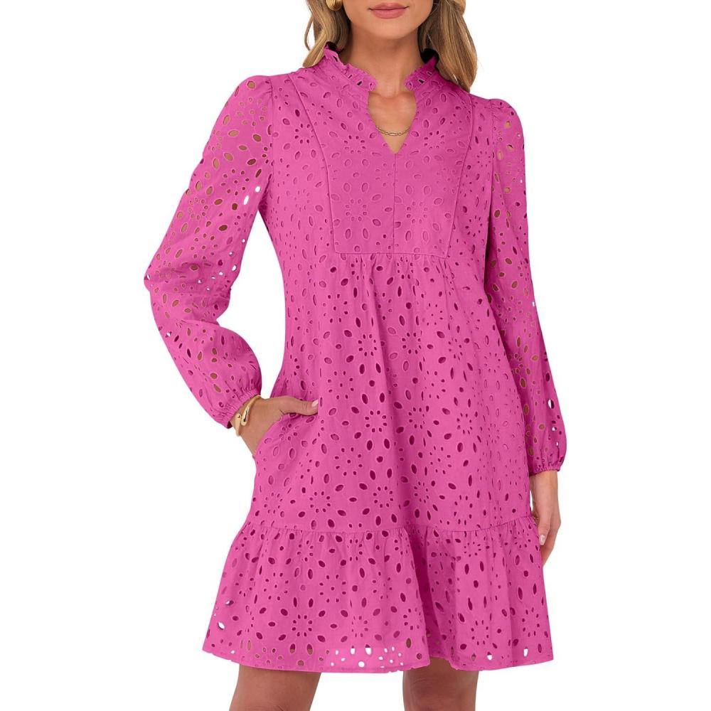 imageCaracilia Womens Dresses Long Sleeve V Neck Eyelet Hollow Out Fall Casual Flowy Swing Boho Tiered 2025 Mini Short DressHot Pink