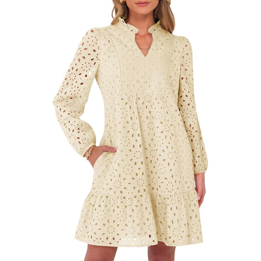 imageCaracilia Womens Dresses Long Sleeve V Neck Eyelet Hollow Out Fall Casual Flowy Swing Boho Tiered 2025 Mini Short DressParchment