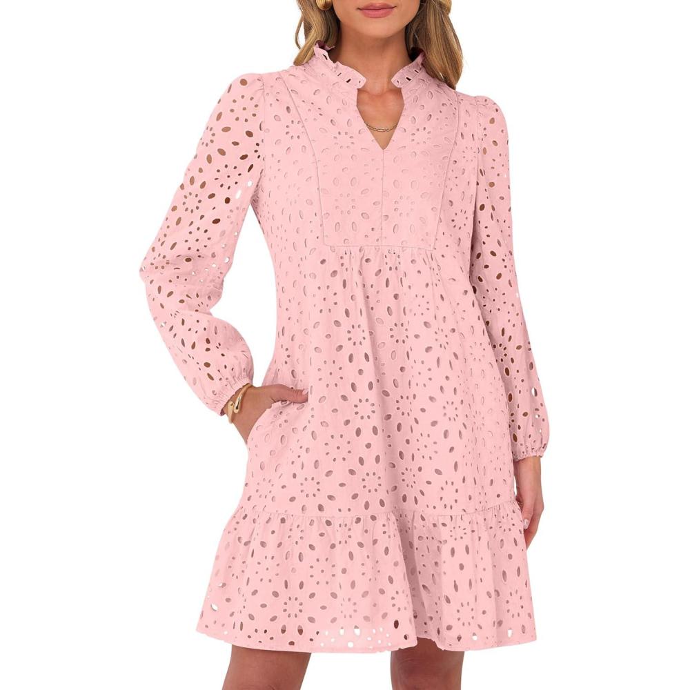 imageCaracilia Womens Dresses Long Sleeve V Neck Eyelet Hollow Out Fall Casual Flowy Swing Boho Tiered 2025 Mini Short DressPink