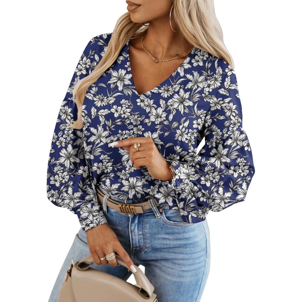 imageCaracilia Womens Dressy Casual Blouses Puff Long Sleeve Shirts V Neck Floral Boho Tops 2025 Fall Vacation OutfitsFloral Navy