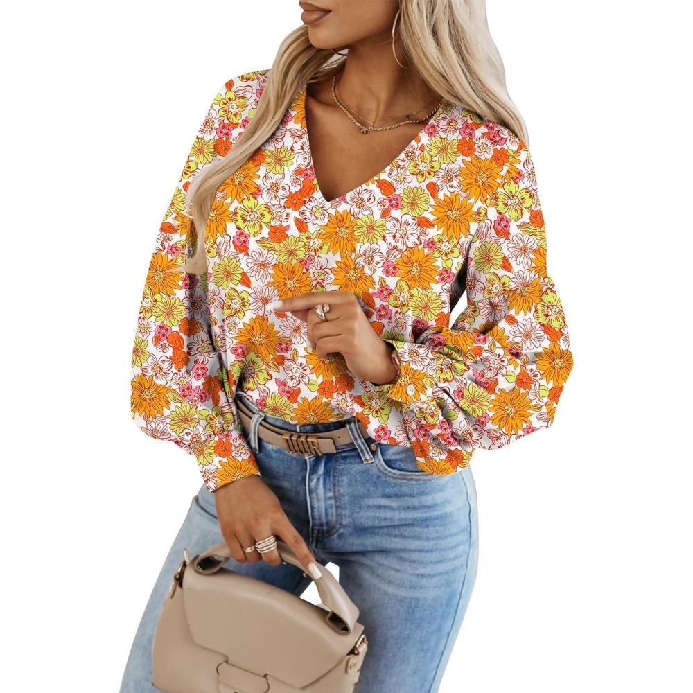 imageCaracilia Womens Dressy Casual Blouses Puff Long Sleeve Shirts V Neck Floral Boho Tops 2025 Fall Vacation OutfitsFloral Yellow