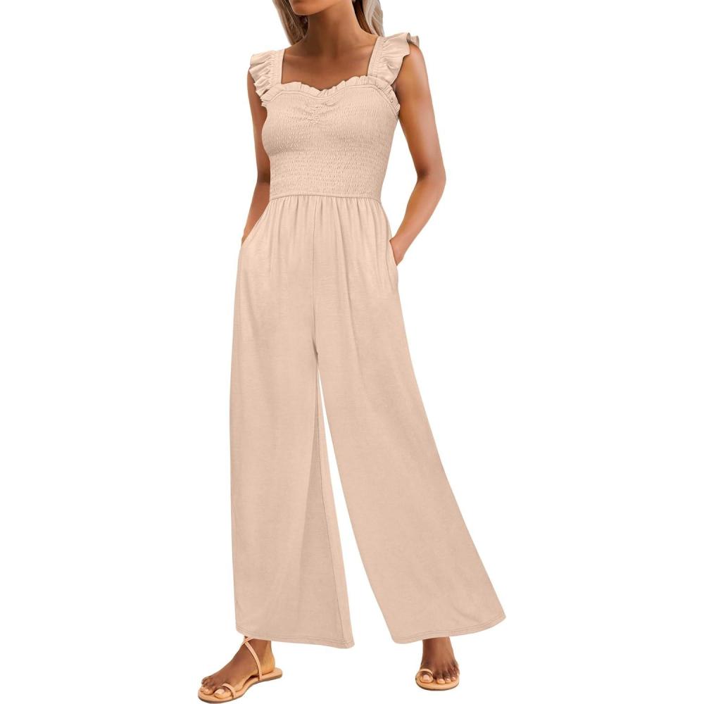 imageCaracilia Womens Jumpsuit Sleeveless Casual Dressy Smocked Wide Leg Rompers Summer Vacation Jumpers with Pockets 2026 OutfitsApricot
