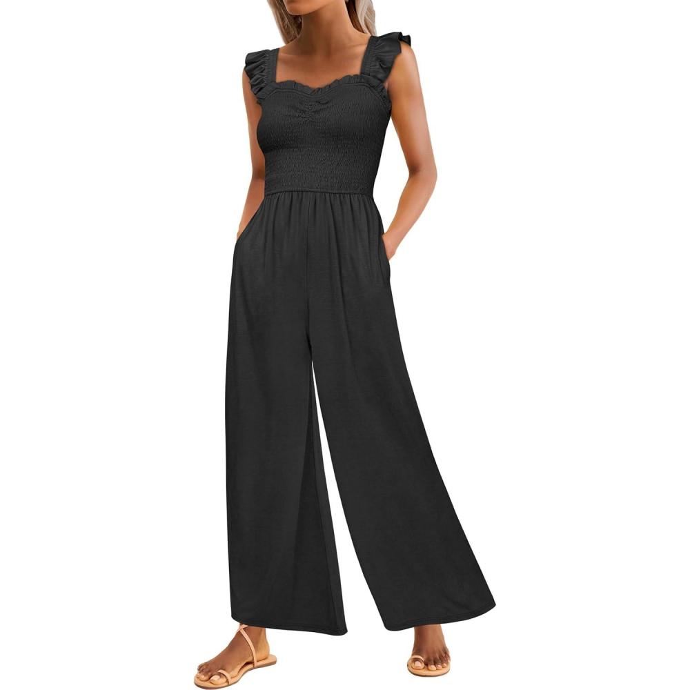 imageCaracilia Womens Jumpsuit Sleeveless Casual Dressy Smocked Wide Leg Rompers Summer Vacation Jumpers with Pockets 2026 OutfitsBlack