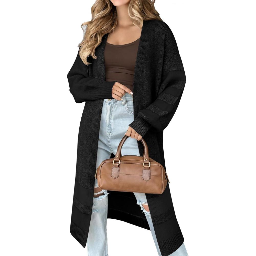 imageCaracilia Womens Oversized Long Cardigan Sweaters Color Block Open Front Duster Coat Knit Outwear 2025 Fall OutfitsBlack