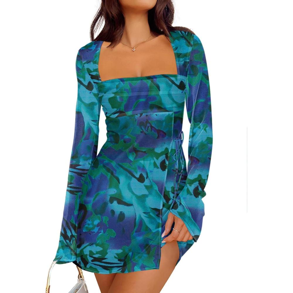 imageCaracilia Womens Sexy Mesh Ruched Mini Dresses Long Sleeve Square Neck Tie Fall Club Party Cocktail Short Dress 2025 FashionGreen Floral