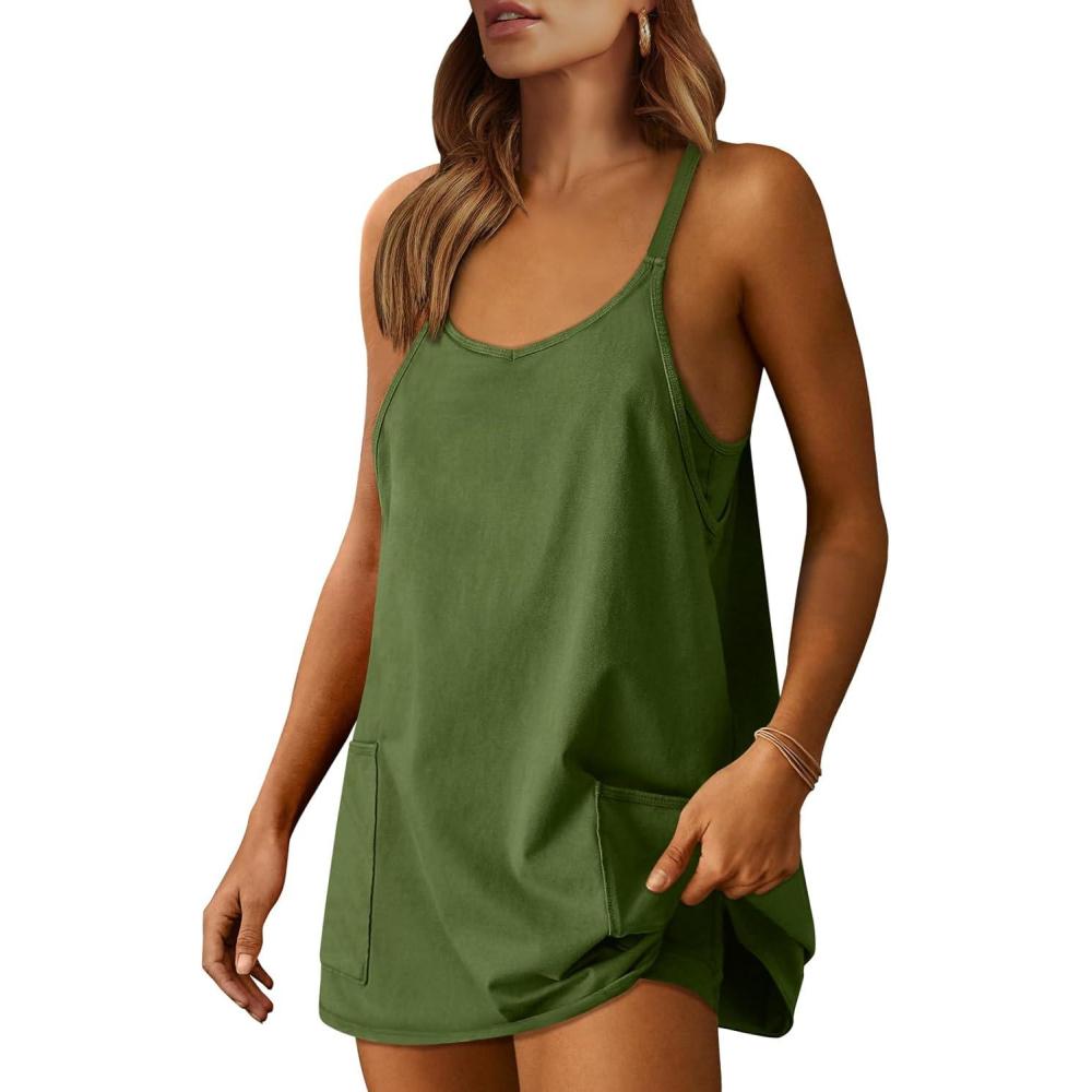 imageCaracilia Womens Summer Athletic Mini Dress Casual Sleeveless Built in Shapewear Romper Short Sundress Tennis Workout OutfitsGrass
