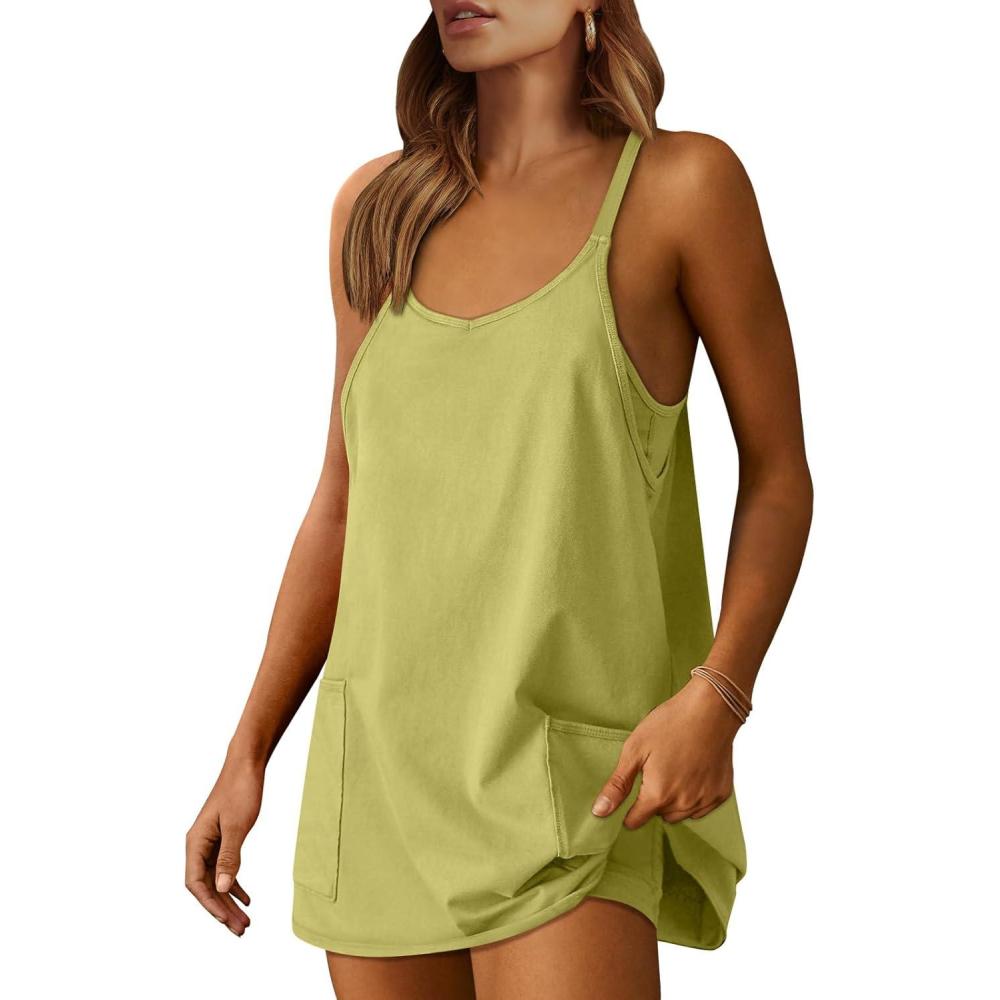 imageCaracilia Womens Summer Athletic Mini Dress Casual Sleeveless Built in Shapewear Romper Short Sundress Tennis Workout OutfitsLight Green