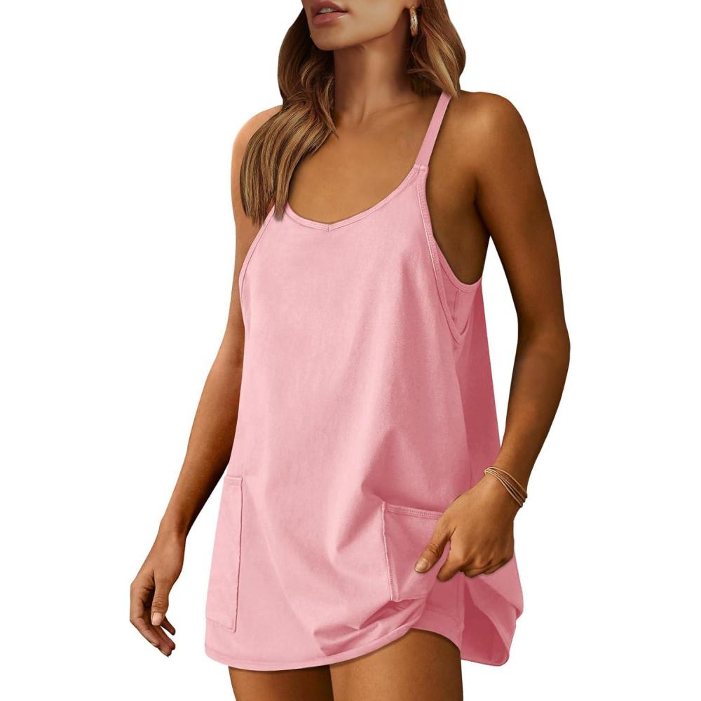 imageCaracilia Womens Summer Athletic Mini Dress Casual Sleeveless Built in Shapewear Romper Short Sundress Tennis Workout OutfitsPink